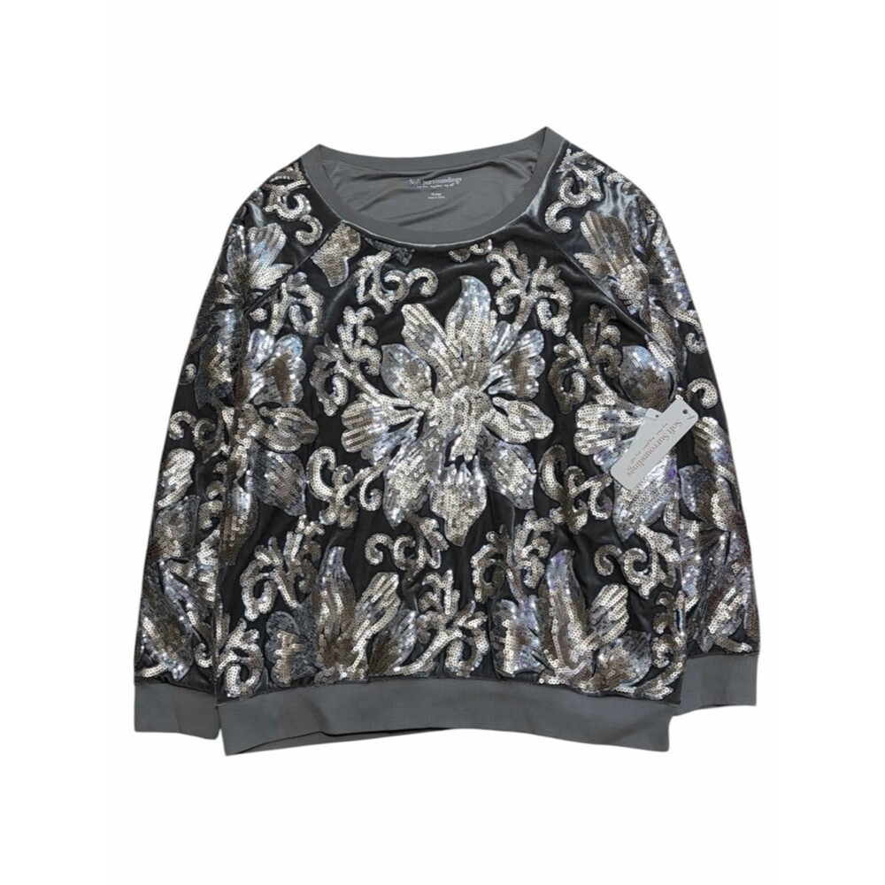 SOFT SURROUNDINGS NWT Long Sleeve Sequin Floral Velour Pullover XL